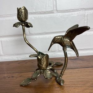 Brass Hummingbird Flowers Leaves Taper Candle Holder